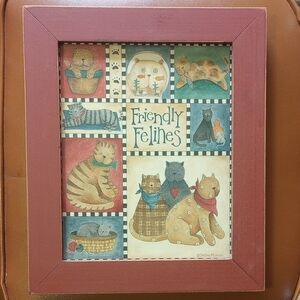 Friendly Felines Country Cat Art in Wood Frame w/ Glass. Red Green Black Gray